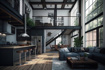 Sticker - industrial home featuring sleek and modern design, with polished metal accents, created with generative ai