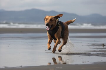 Wall Mural - dog running along the beach, with its nose to the ground, on search and rescue mission, created with generative ai