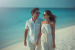 © Margo Alexa - Cropped close up portrait of a beautiful cute couple enjoying each other by the sea.Generative AI