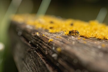 Wall Mural - close-up of a wooden plank, covered in a layer of pollen, created with generative ai