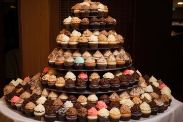 Canvas Print - pyramid of cupcakes, each layer a different flavor, created with generative ai