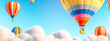 trip on colorful hot air balloon in blue sky, banner with copy space, made with Generative AI