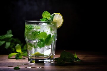 Canvas Print - glass of refreshing minty mojito with a sprig of fresh mint, created with generative ai