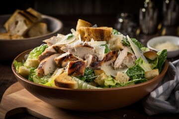 Wall Mural - classic chicken caesar salad with grilled chicken, creamy dressing, and crunchy croutons, created with generative ai