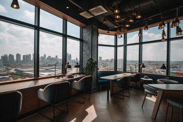 Sticker - co-working space with view of a bustling city skyline, created with generative ai