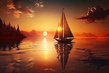 Wall Mural - sunset sailboat on calm lake, with the sun setting behind it, created with generative ai