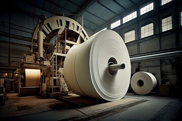 Sticker - pulp and paper factory, with massive machines producing endless rolls of paper, created with generative ai