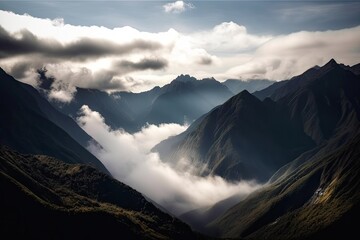 Poster - majestic mountain range, with clouds floating above and mist in the valleys, created with generative ai