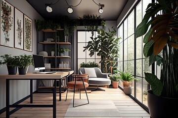 Wall Mural - office with beautiful blooming plants and natural light, created with generative ai