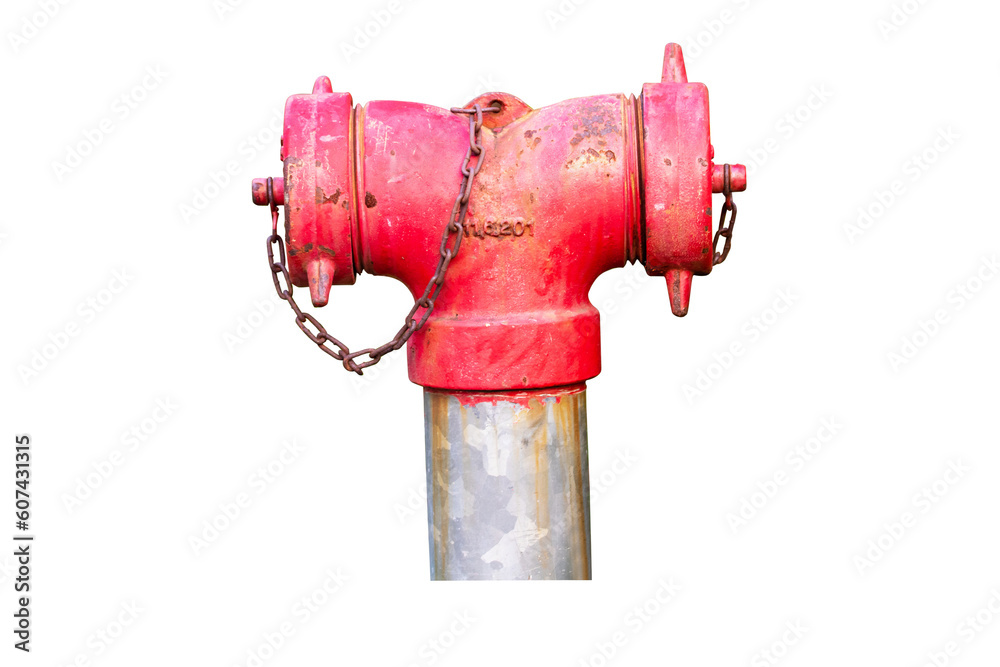 Red pipe water hydrant fire department connection system. Ready to deliver water along pipe line. Emergency to control situation and reduce loss. isolated on cut out PNG or transparent background.