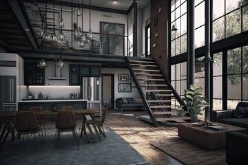 Canvas Print - industrial home, with sleek and minimalist design, featuring open floor plan, created with generative ai