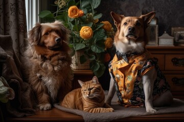 Sticker - photoshoot, with cat and dog models wearing outfits of their own designs, created with generative ai