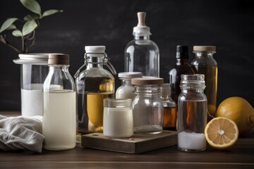 Poster - homemade cleaning products in various bottles and containers, created with generative ai