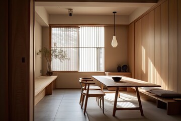 Wall Mural - japanese interior with minimalist wooden furniture and textured fabric, created with generative ai