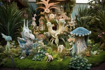 Canvas Print - fantasy garden with whimsical creatures and mythical beings, created with generative ai