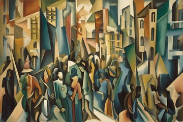 Wall Mural - cubist painting of bustling cityscape, with buildings and people in motion, created with generative ai