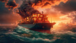 burning freighter in the ocean, ai generated