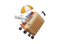 Luggage Tourism Trip Planning World Tour With Airplane, Location On Suitcase Of Travel Online, Leisure Touring Holiday Summer Concept. Passsport, Recreation, 3d Render Illustration