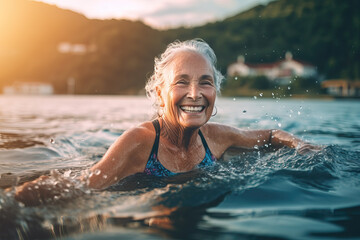 portrait of older woman swimming in lake, ai generated