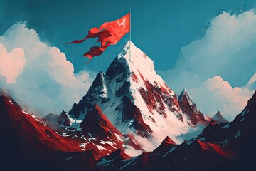 Wall Mural - mountain peak with red flag, surrounded by blue sky and fluffy clouds, created with generative ai