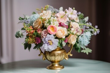 Poster - bouquet of pastel flowers in fanciful vase with gold accents, created with generative ai