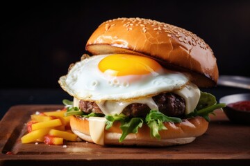 Sticker - classic burger with steamy bun, juicy cheeses, and fried egg on top, created with generative ai