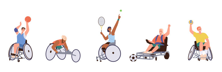 Sports on wheelchairs set with people playing basketball, tennis, football, volleyball and racing