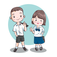 Thai student. School uniform in Thailand. Vector cartoon.