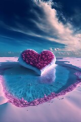 Romantic blue ocean, sparkling snow beach, pink rose on the beach, dark blue love shaped beach, lovers  embrace, pink heart cloud, Milky Way, meteor, many sparkling small creatures, pink and purple ro