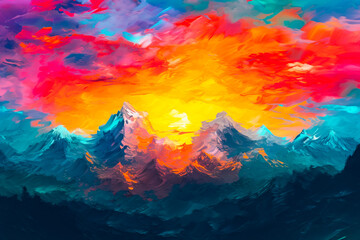 Wall Mural - Bright abstract oil painting of a mountain landscape at sunset