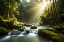 A Peaceful Clearing In The Rainforest, With Rays Of Sunlight Piercing Through The Canopy And The Area In A Soft Glow