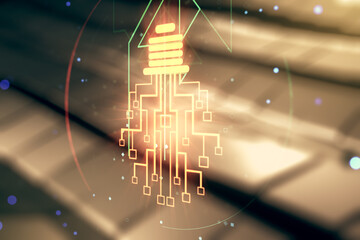 Poster - Double exposure of virtual creative light bulb hologram with chip on blurry metal background, idea and brainstorming concept