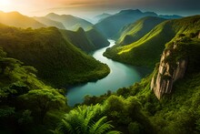 A Winding River Flowing Through The Rainforest, With Exotic Plants And Wildlife Thriving Along Its Banks - Generative AI Technology