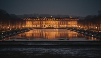 Poster - Majestic architecture illuminated by street lights at dusk generated by AI