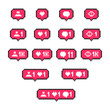 Pixel social media interface like, comment, follower. Pixel Art 8-bit social networking notification buttons shape.