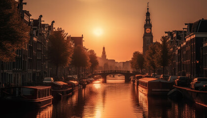 Wall Mural - Sunset illuminates famous bridge, reflecting on canal generated by AI