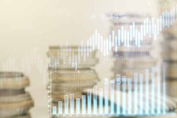 Poster - Multi exposure of virtual creative financial chart hologram on growing stacks of coins background, research and analytics concept