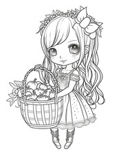 Pastel Kawaii Goth Chibi Girl, Holding A Basket Of Berries, Beautiful, Adult Coloring Page,