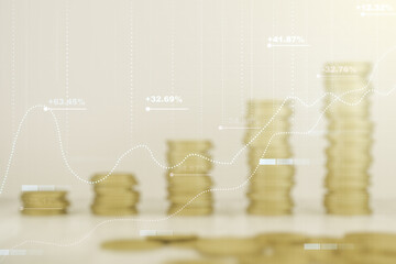 Poster - Multi exposure of abstract virtual graphic data spreadsheet sketch on coins background, analytics and analysis concept