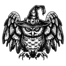 Owl Wearing A Witch Hat Vector Sketch