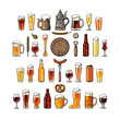 Set of beer objects. Various types of beer glasses and mugs. Vector illustration.