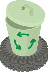 Poster - Waste recycling icon isometric vector. Trash can with recycling sign on car tire. Reuse, environment protection