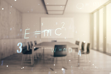 Double exposure of scientific formula hologram on a modern meeting room background, research and development concept