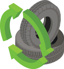 Poster - Recycling concept icon isometric vector. Old worn car tire and recycling sign. Environmental protection, reuse