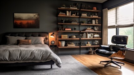 Bedroom decor, home interior design . Industrial Mid-Century Modern style with Bookshelf decorated with Metal and Leather material . Generative AI AIG26.