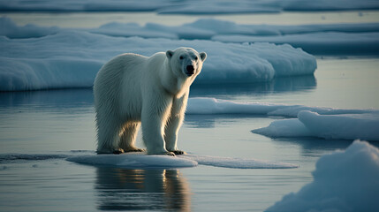 Wall Mural - A polar bear on an ice floe in the arctic sea. Generative AI