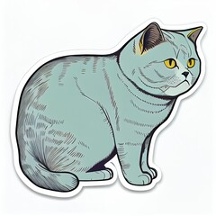 Art design in british short hair sticker die cut of cat with minimal concept. Decorated in cartoon graphic isolated on plain background. Glorious generative AI.