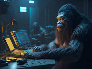 Neanderthal with a computer in an fuuturistic office