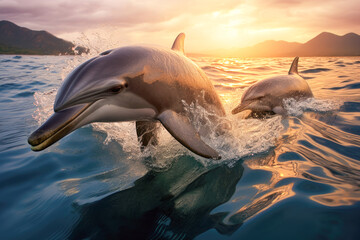 a group of dolphins leaping out of crystal-clear water