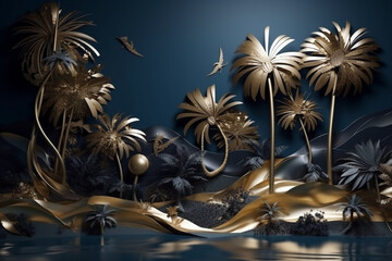 Wall Mural - Abstract tropical island landscape. 3D modern art mural wallpaper with matte dark blue background. Dark landscape with palm trees, moon, mountains and ocean. Minimalistic style. Generative AI